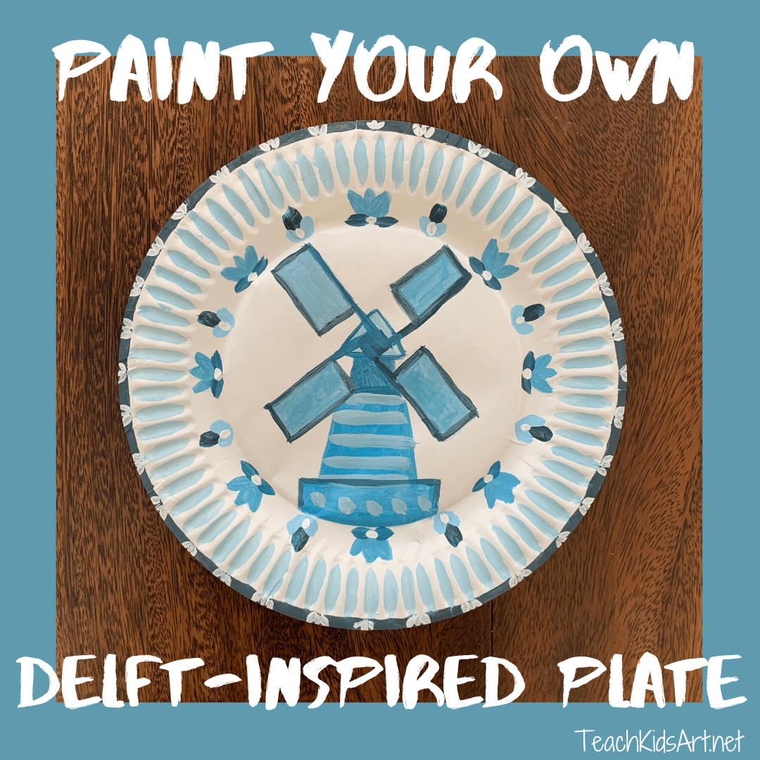 Paint your own Delft-inspired monochromatic plate design for kids - using one color of tempera paint, plus black and white.