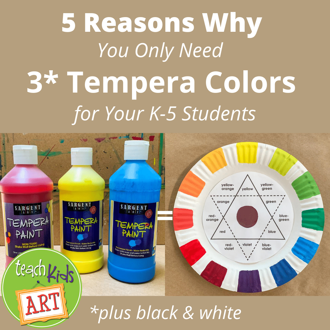photo of 3 bottles of tempera paint and a color wheel